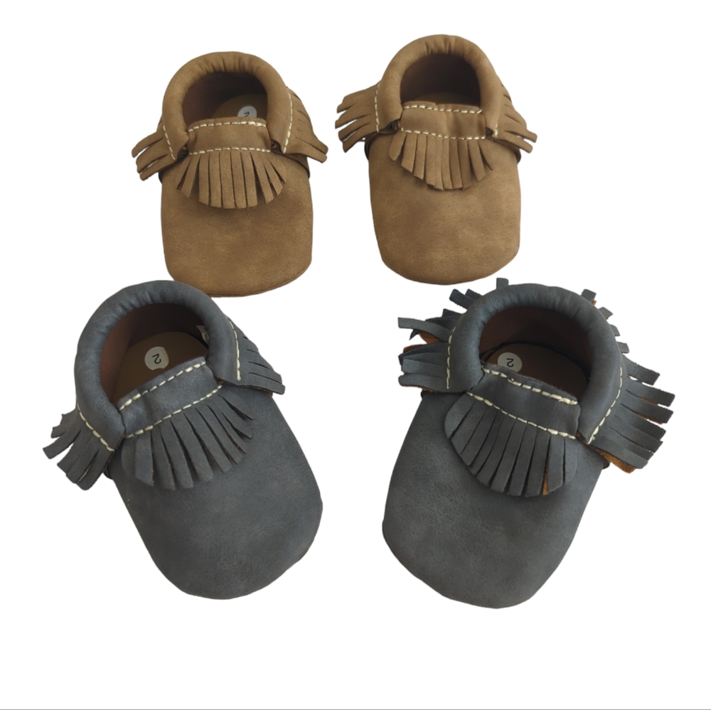 First Steps baby toddler shoes moccasins, two pairs gray & brown, size 2